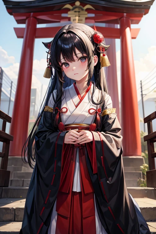 Black-haired boy hood remains She is wearing her shrine maiden outfit shyly.