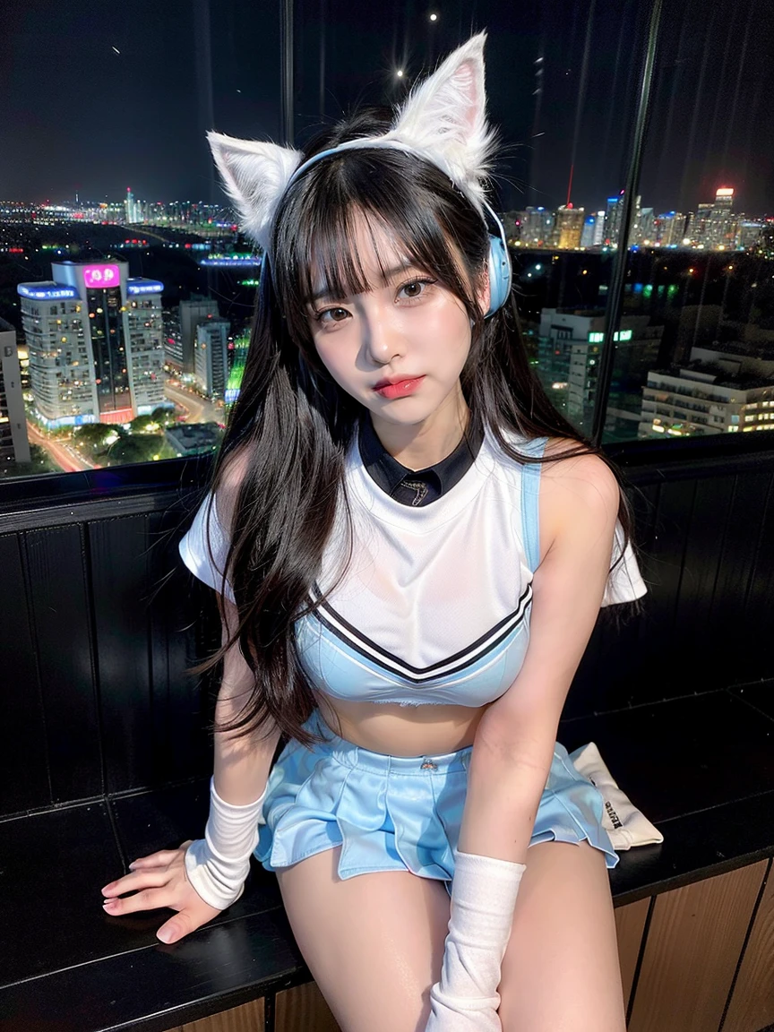 Four Girls, Full body photo、whole、最high quality, masterpiece, 32k、Very detailed、Realistic、Random Face、Japanese women、Cute face, (photo Actual:1.3), Edge lighting, (Skin with attention to detail:1.2), 8k超High resolution, Single-lens reflex camera, high quality, High resolution, 4K, 8k, Optimal ratio of four fingers to one thumb, (Actual:1.3), smile、自然なsmile、Baseball Cheerleader Costumes(black、Light blue line design、Japanese professional baseball cheerleaders)、Cat ear headphones(ピンク色のネオンCat ear headphones)、There are four cute girls., Realistic、Super Realistic、32k、Very detailed、masterpiece, 最high quality, beautiful girl, beauty、 Mecha, Beautiful lighting, Sitting,Cyber Neon、Future City、Skyscraper、City Night、Shanghai、Big cities、Night view、綺麗なNight view