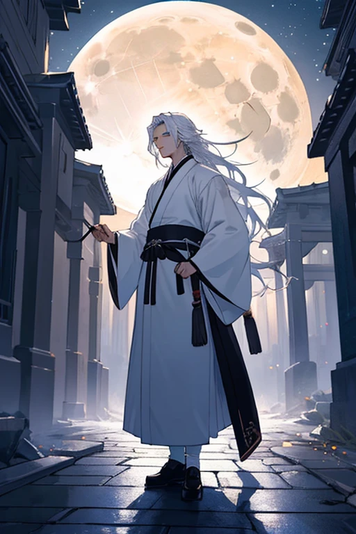 male性,male,White Hanfu,Long white hair,Long flowing hair,wide sleeve robe,Ancient Wind,Private Server,There is no pattern on the clothes、Soft Lighting,I can see the full moon behind me,