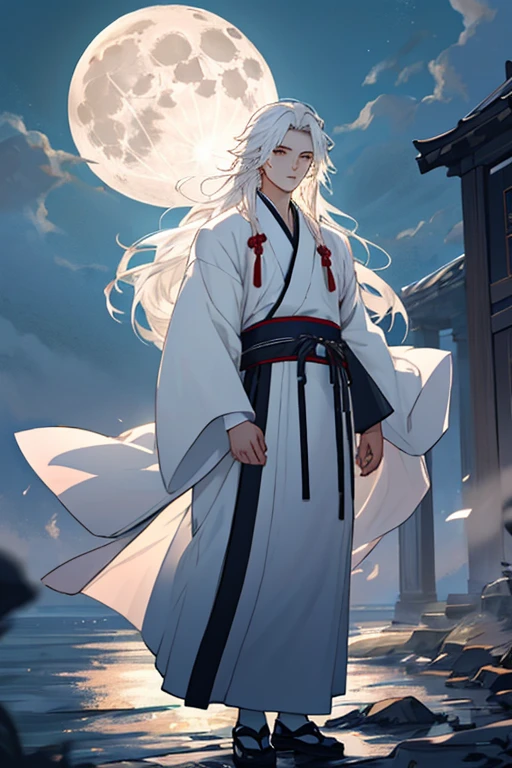 male性,male,White Hanfu,Long white hair,Long flowing hair,wide sleeve robe,Ancient Wind,Private Server,There is no pattern on the clothes、Soft Lighting,I can see the full moon behind me,