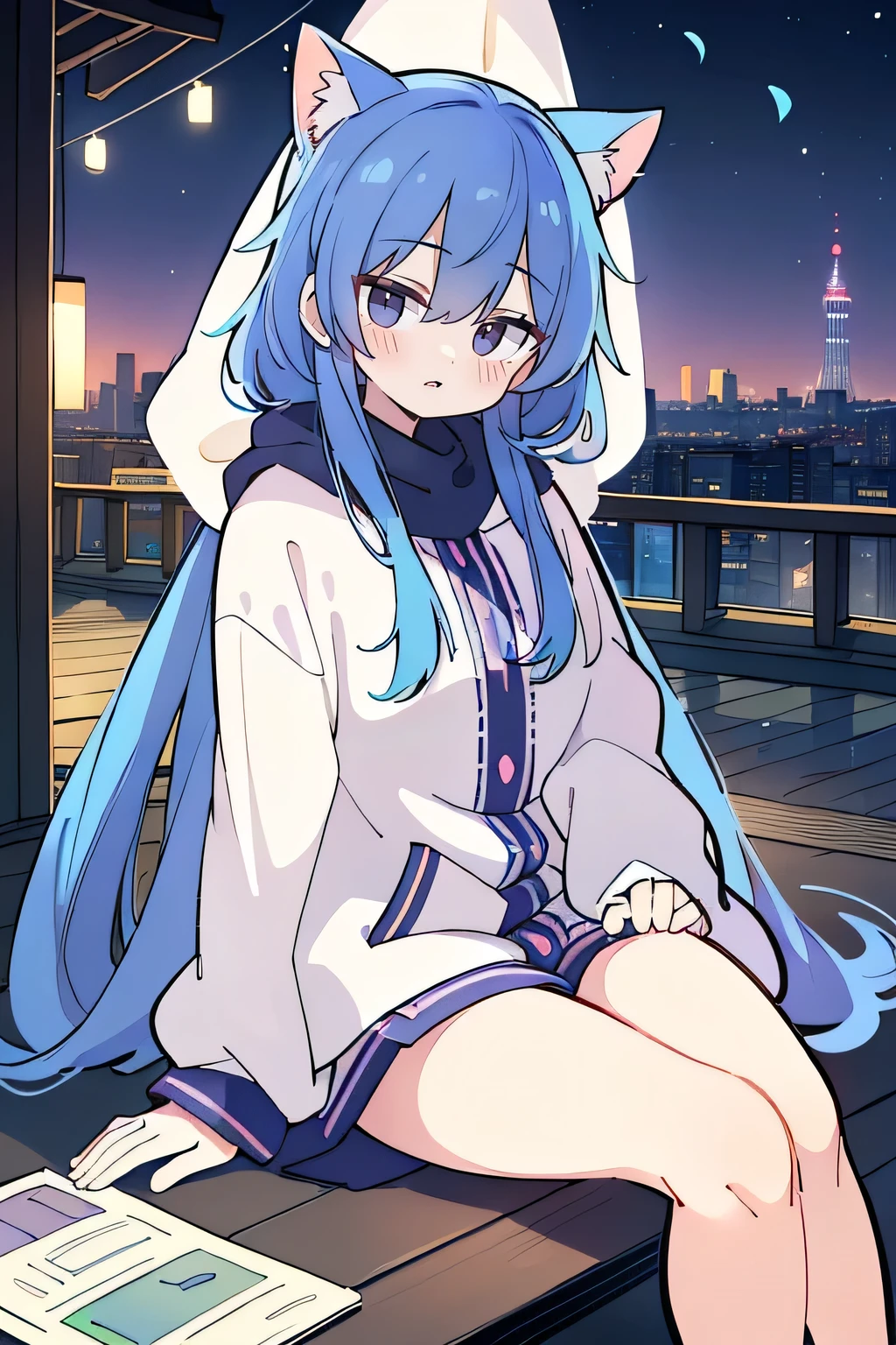 (best quality,4k,8k,highres,masterpiece:1.2), ultra-detailed, (realistic,photorealistic,photo-realistic:1.37), expressive and delicate eyes, fair and flawless skin, perfect facial features, 1 girl,
Japanese comics, stunning flowing blue hair, flowing clothes, adorable cat ears, falling petals, beautiful lola, baby angel, sunrise,
gently shaking head with one hand, crossed legs, serene and peaceful background, cool and comfortable pavilion, radiant smile, girl wearing a hoodie, Tokyo cityscape in the background, snowfall, winter season elements.
