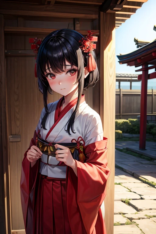 Boy with black hair shortcut Childhood remains She is wearing her shrine maiden outfit shyly.