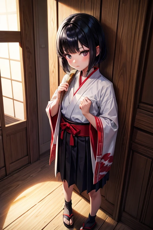 Boy with black hair shortcut　 remains　She is wearing her shrine maiden outfit shyly.