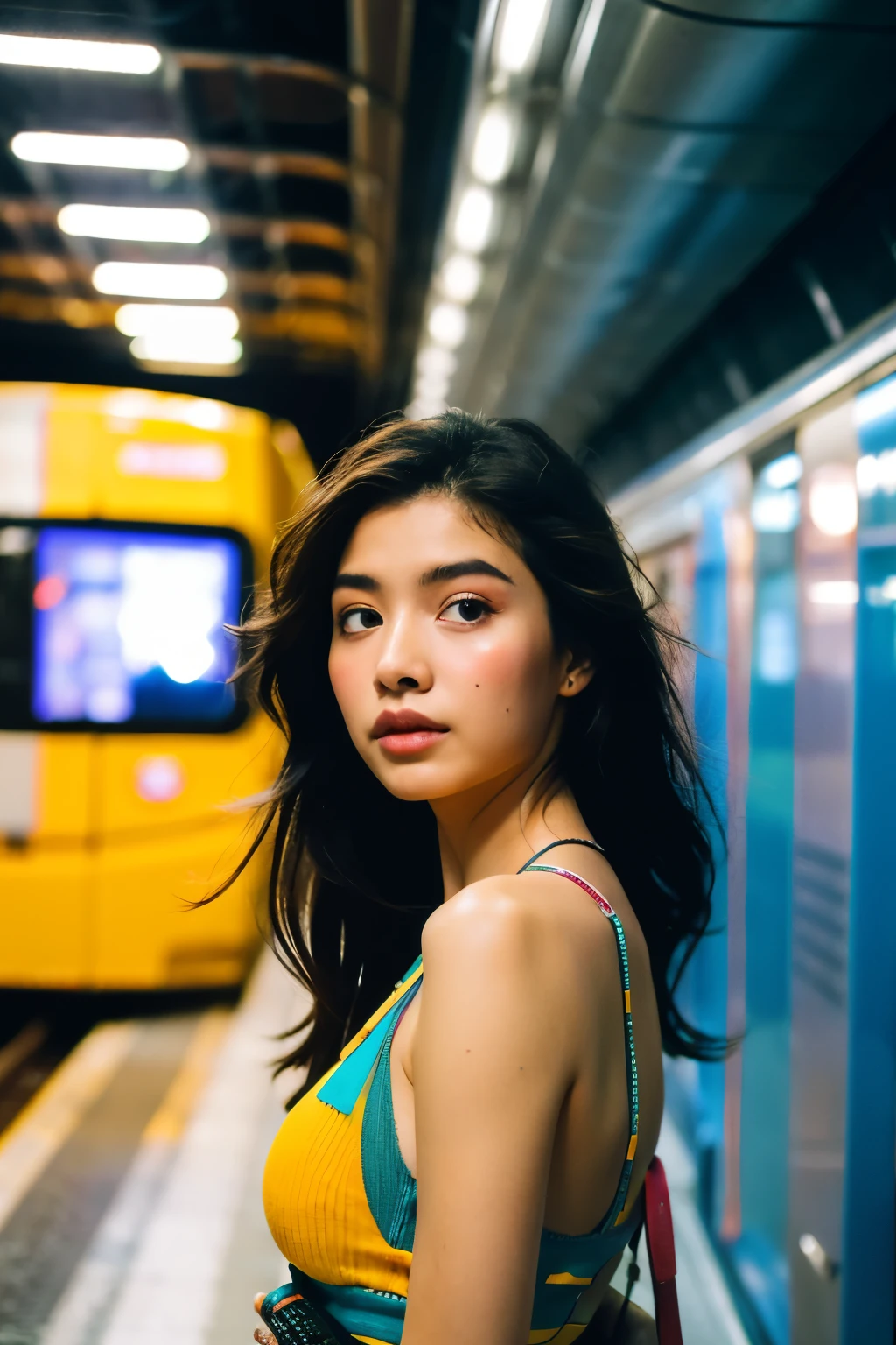 cinematic shot of [woman] in [metro], Sony A7R 16mm film grain, low key, vibrant, style of brazilians photographers, cinematic, photo, fashion