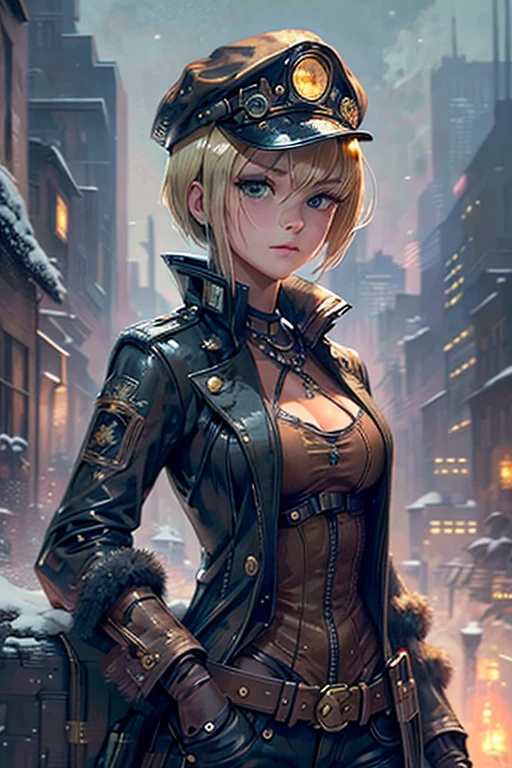 Ultra-detailed, master_piece, Top_quality, 1_beautiful_girl, ars_old, shoot_sniper rifle, blonde_bob_cut_hair, bangs, Very_beautiful_face, very_beautiful_large_eyes, even_eyes, (Highly decorative and complex mechanical steampunk fashion、Garrison_Cap, goggles 1.5, ruins, snow, Intricately mechanized steampunk cityscape 1.5)