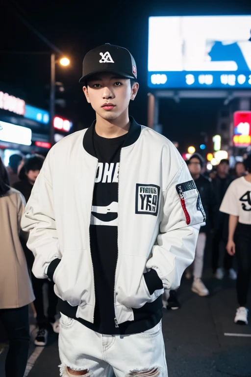 Street style portrait of 25 year old Asian man, Handsome detailed white skin, short hair, snapback hat For an oversized bomber jacket suitable for spring and summer、This graphic T-shirt。Coordinate with long ripped black jeans and high-top sneakers, carrying Bag stands facing the audience. Background Tokyocity, bright nighttime world.