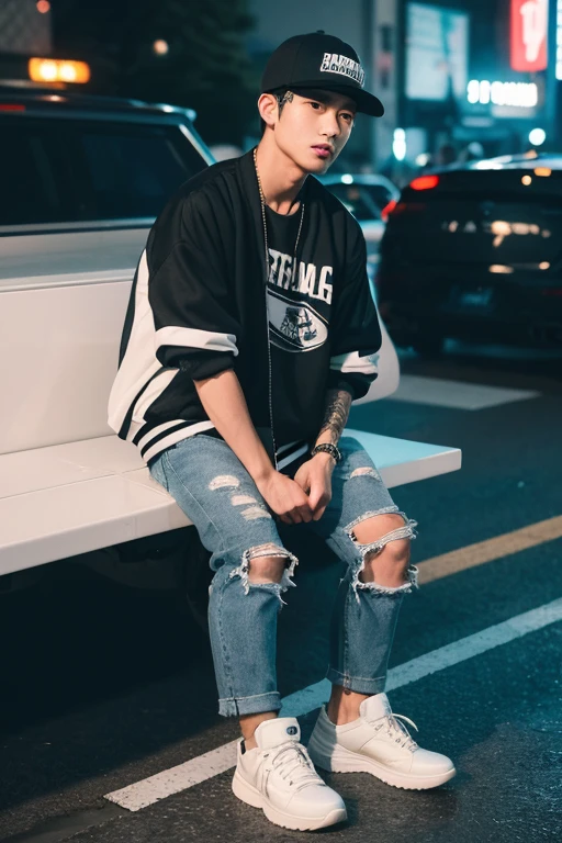 Street style portrait of 25 year old Asian man, Handsome detailed white skin, short hair, snapback hat For an oversized bomber jacket suitable for spring and summer、This graphic T-shirt。Coordinate with long ripped black jeans and high-top sneakers, carrying Bag stands facing the audience. Background Tokyocity, bright nighttime world.