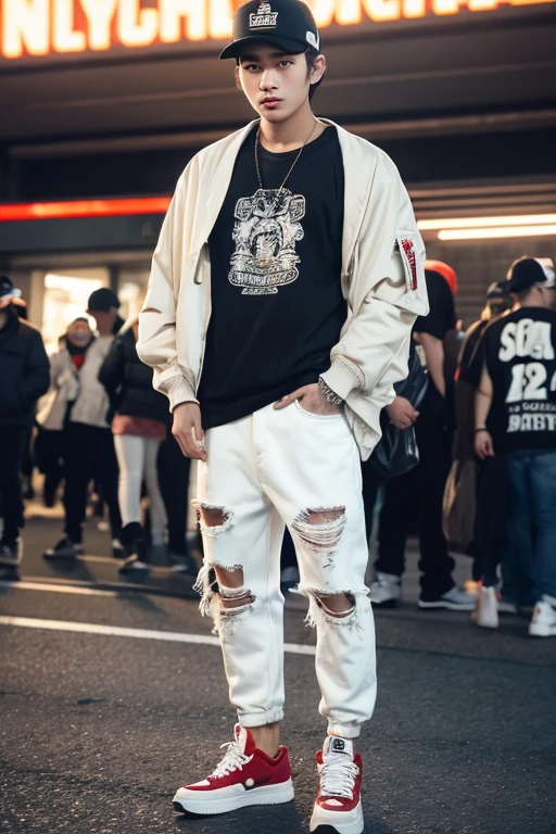 Street style portrait of 25 year old Asian man, Handsome detailed white skin, short hair, snapback hat For an oversized bomber jacket suitable for spring and summer、This graphic T-shirt。Coordinate with long ripped black jeans and high-top sneakers, carrying Bag stands facing the audience. Background Tokyocity, bright nighttime world.