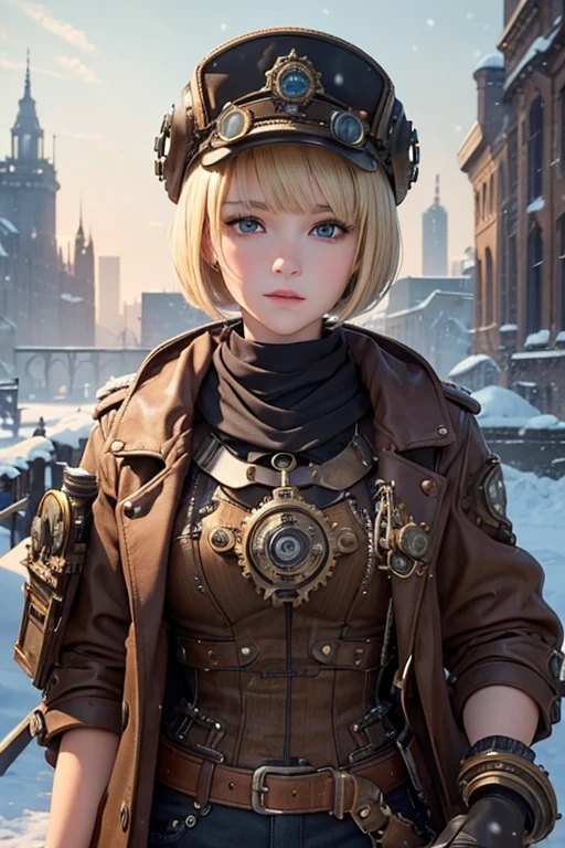 Ultra-detailed, master_piece, Top_quality, 1_beautiful_girl, ars_old, shoot_sniper rifle, blonde_bob_cut_hair, bangs, Very_beautiful_face, very_beautiful_large_eyes, even_eyes, (Highly decorative and complex mechanical steampunk fashion、Garrison_Cap, goggles 1.5, ruins, snow, Intricately mechanized steampunk cityscape 1.5)