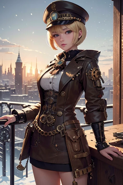 Ultra-detailed, master_piece, Top_quality, 1_beautiful_girl, ars_old, shoot_sniper rifle, blonde_bob_cut_hair, bangs, Very_beautiful_face, very_beautiful_large_eyes, even_eyes, (Highly decorative and complex mechanical steampunk fashion、Garrison_Cap, goggles 1.5, ruins, snow, Intricately mechanized steampunk cityscape 1.5)