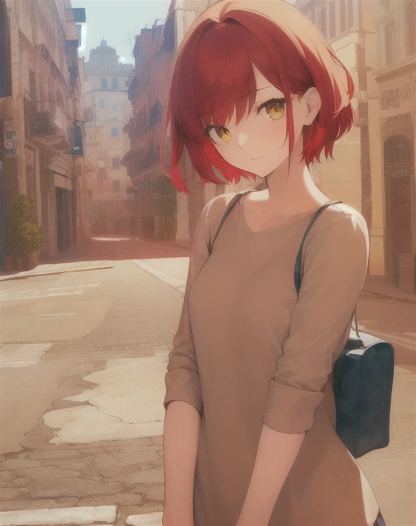 (((masterpiece))),(((bestquality))),((ultra-detailed)),(illustration),((anextremelydelicateandbeautiful)), solo, (1girl), looking at viewer, tomboy, red hair, short hair, yellow eyes, beautiful detailed face, city background