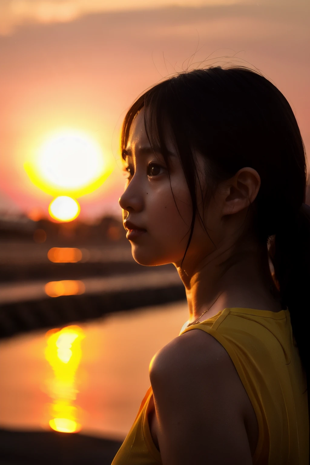 A girl staring at the setting sun。A look of tears about to spill as she remembers her sad past。