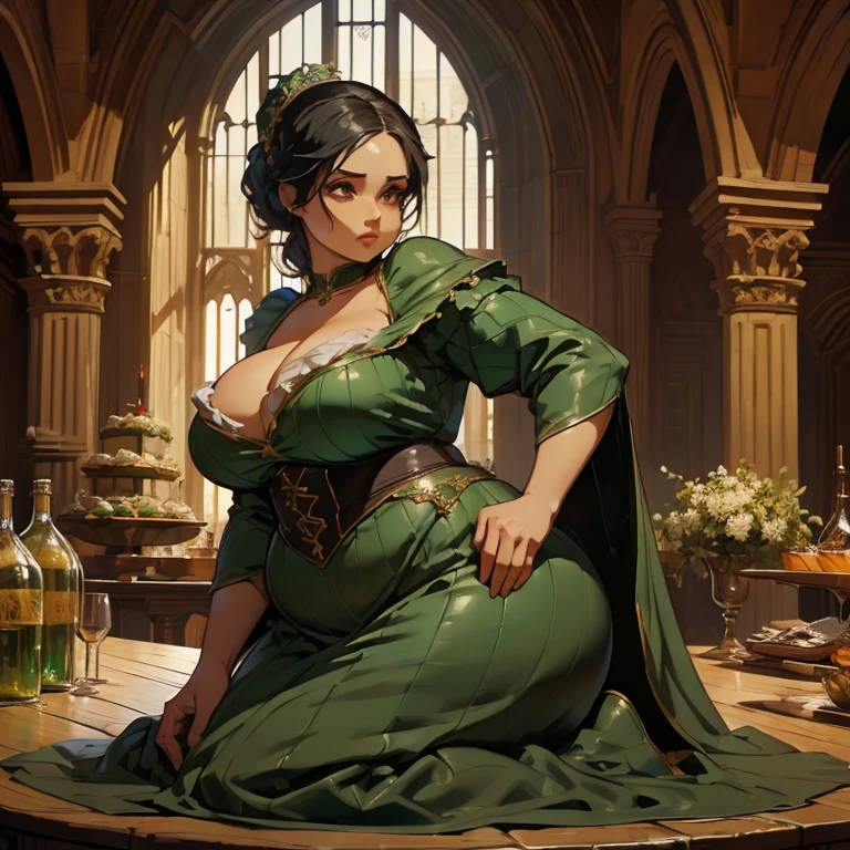 (Masterpiece), (detailed), (high res), (high quality), curvy medieval barmaid standing on the table with her back arched and drunk men watching her, green garments, black hair, (standing on table on all fours), pudgy