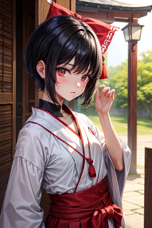 Boy with black hair shortcut　hood remains　She is dancing shyly in her short-sleeved shrine maiden outfit.