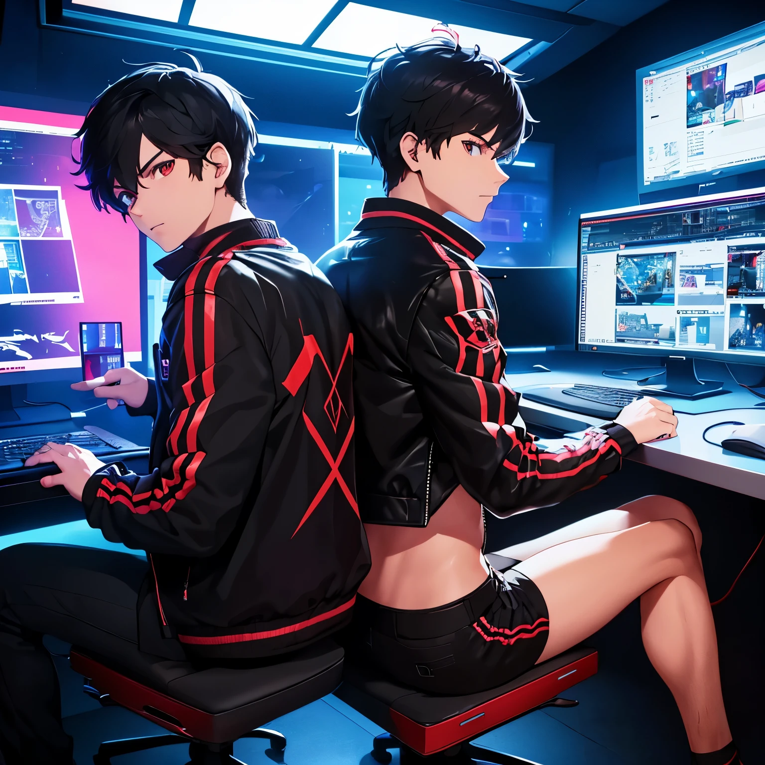 1boys, cool, looking at monitor, Editing Video on PC, Red and black lights, Game Room, ((Wearing a black jacket with the words "ZxBAr on the back of the jacket)), looking at monitor, using mouse and keyboard, Davinci Resolve on Monitor, Sitting,  short black hair, no looking back