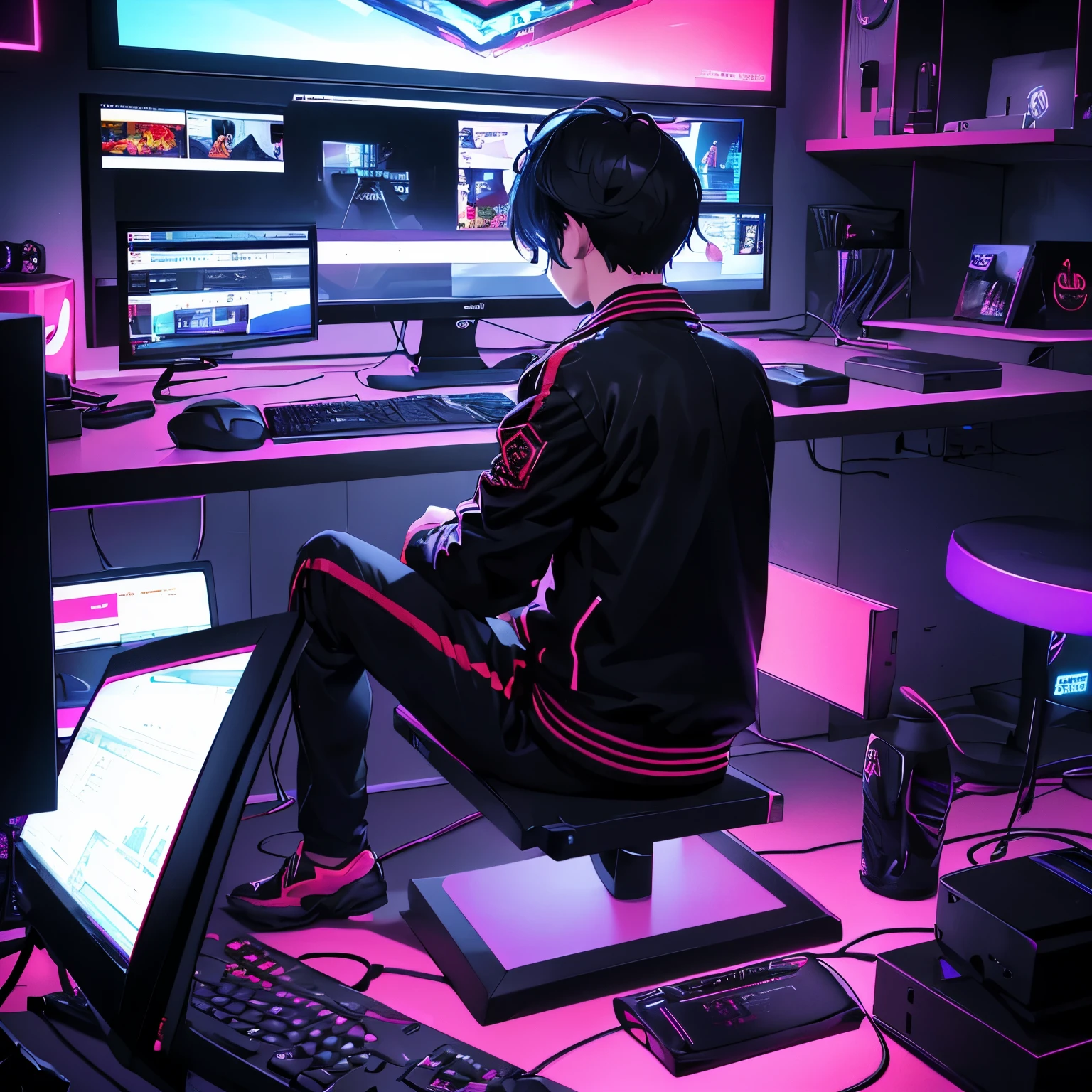 1boys, cool, looking at monitor, Editing Video on PC, Red and black lights, Game Room, ((Wearing a black jacket with the words "ZxBAr on the back of the jacket)), looking at monitor, using mouse and keyboard, Davinci Resolve on Monitor, Sitting, short black hair, no looking back