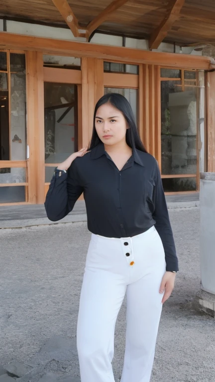 analog film photo solo, realistic, ((indonesian woman)), (((black hair, Long Hair, Long Layers Hairstyle))), (((frustrated))), (((White long sleeves button-up shirt, high-waisted pants, and loafers))), ((Frame the architectural marvel of Nurimaru APEC House, nestled in the lush Dongbaekseom Island, with its modern design, scenic surroundings, and the historical significance.)), ((dynamic pose)), skin kstyle zoelevana . faded film, desaturated, 35mm photo, grainy, vignette, vintage, Kodachrome, Lomography, stained, highly detailed, found footage