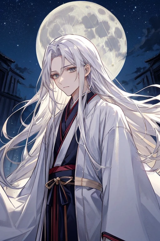 Masterpiece,Detailed facial expressions、Beautiful Face、male性,male,White Hanfu,Long white hair,Long flowing hair,wide sleeve robe,Ancient Wind,Private Server,There is no pattern on the clothes、I can see the full moon behind me,