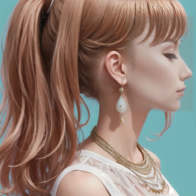 (masterpiece, highest quality, highest quality), (((Perfect body))),profile,Shaggy Hair,Middle Hair,Hair Bun,Light blue and red hair,Lace camisole,beautifully,Mysterious:1.2, (One Girl:1.3), Very detailed, Mature Woman,A kind smile, (Mouth closed), (highest qualityのmasterpiece:1.2) Delicate illustrations, Most detailed,Upper body portrait, (White background:1.3), (Shiny skin), (Many colors:1.4), ,(Earrings),((necklace)), 