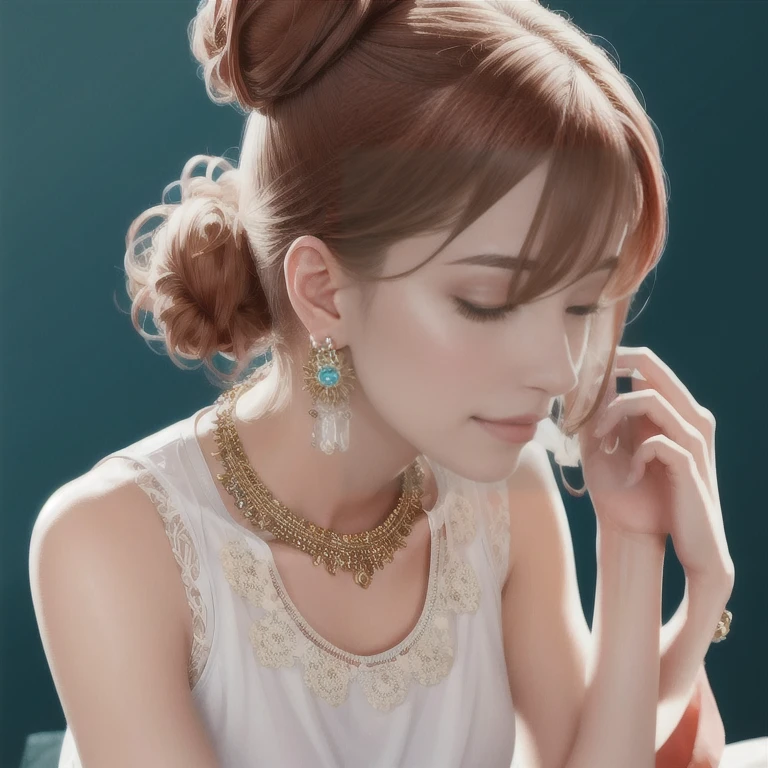 (masterpiece, highest quality, highest quality), (((Perfect body))),profile,Shaggy Hair,Middle Hair,Hair Bun,Light blue and red hair,Lace camisole,beautifully,Mysterious:1.2, (One Girl:1.3), Very detailed, Mature Woman,A kind smile, (Mouth closed), (highest qualityのmasterpiece:1.2) Delicate illustrations, Most detailed,Upper body portrait, (White background:1.3), (Shiny skin), (Many colors:1.4), ,(Earrings),((necklace)), 
