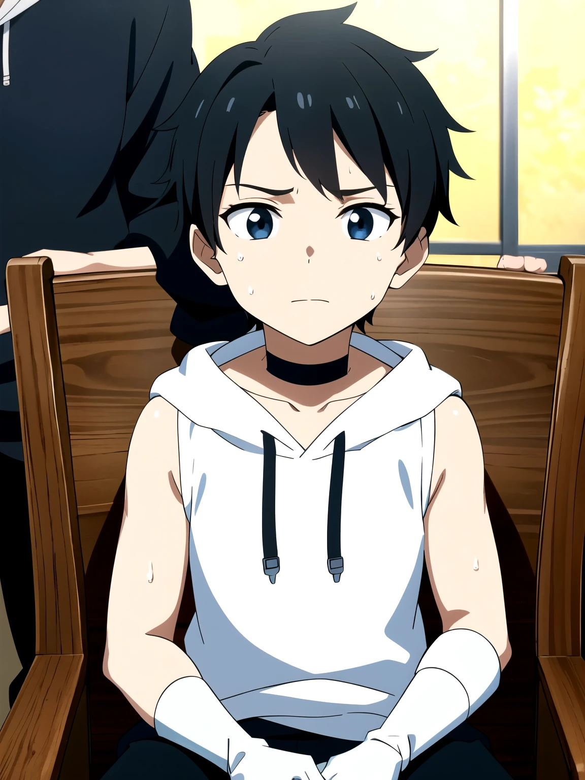 Highres, Masterpiece, Best quality at best,Best Quality,hight quality, hight detailed, 1boy, Boy,Fluffy hair, Side bangs, Shota, Sweat, Sleeveless hoodie, Choker, Glove, Sleeve cover, Collarbone, Depth of field, Anime screencap style, thin line, Sitting on the chair, Seen from the front, Little sweat, Kpop,  boy, (very small and short stature), (very), 12-year-old bo, By andmple beckground, bokeh, Uhd