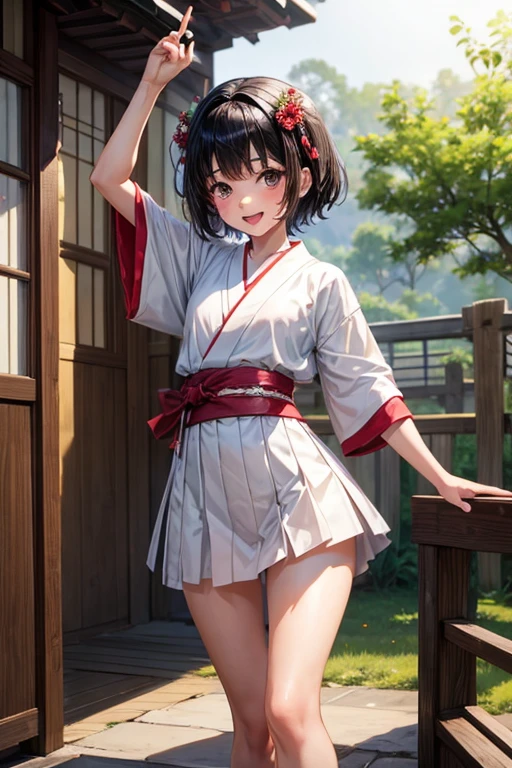 Boy with black hair shortcut remains No She is dancing and laughing in her short shrine maiden outfit, looking embarrassed.