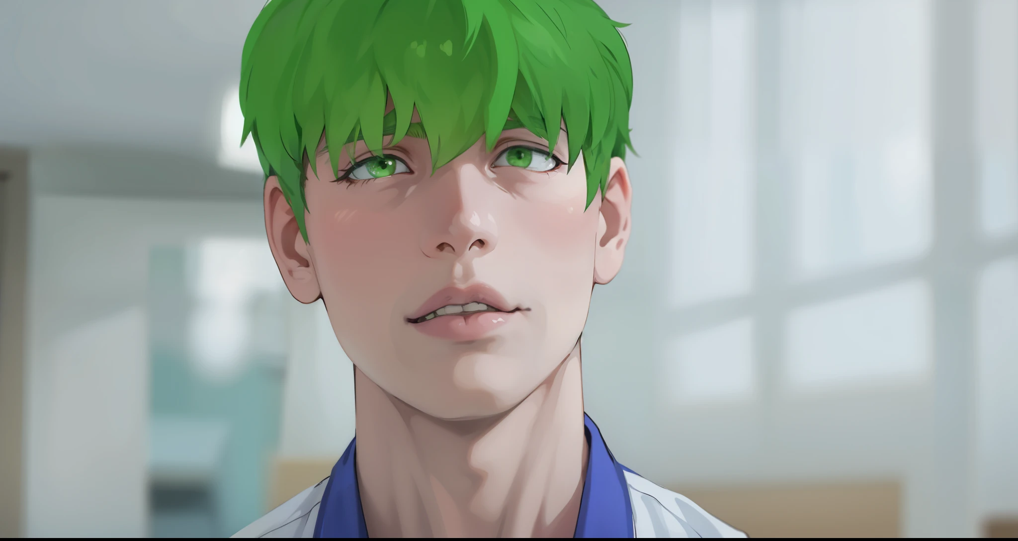He has green hair, green eyes, he is upset, he is 16 years old, white shirt.