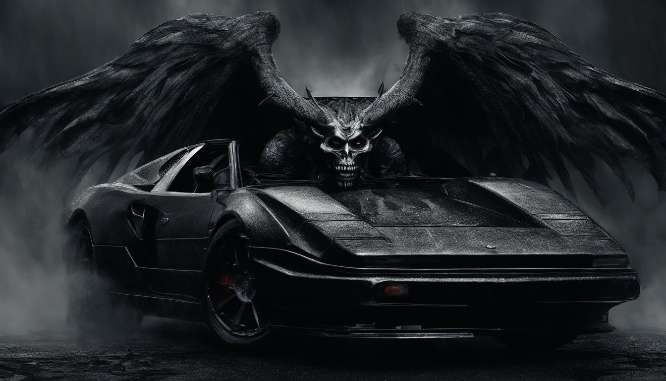 Demon, sportcar, smoke, best quality, rain of fire, angels