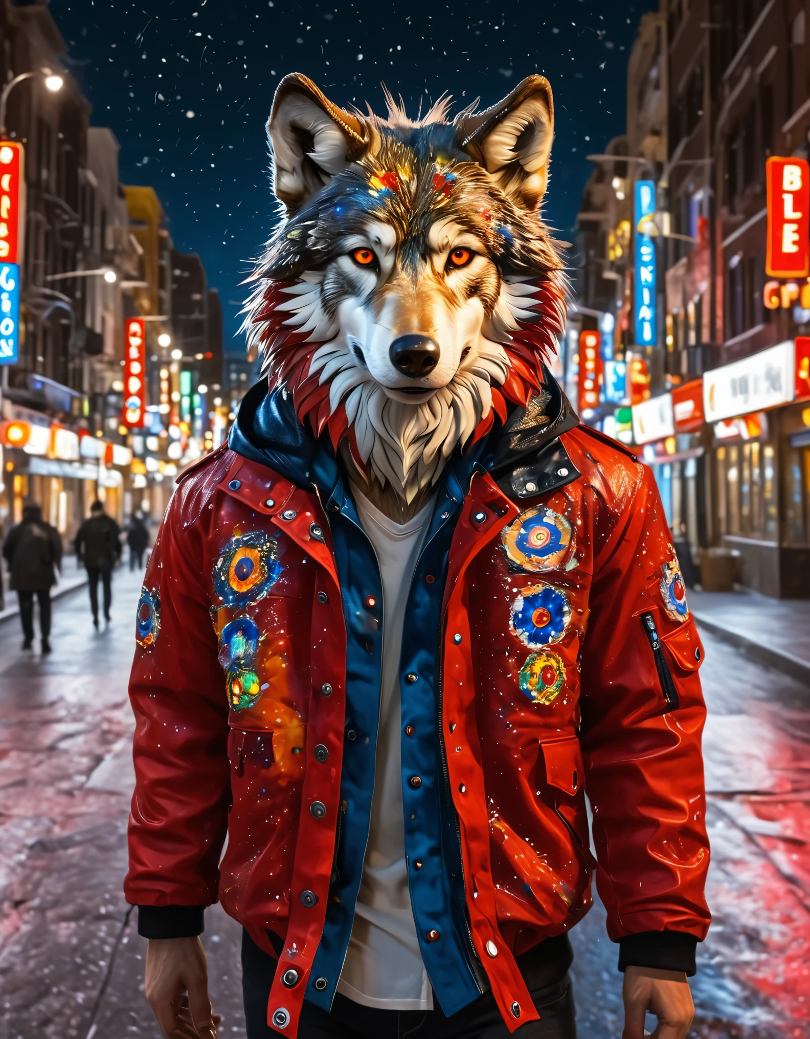 Millefiori glass style,(Better details, high quality), Furry wolf, walking through city, (night, Bright Lights, city environment), (dynamic framework, Intense expression, Messy hair), (bright red eyes, detail jacket), (Colored spots, Slippery streets), (Focus on the wolf's head), (Bright focus on the eyes).