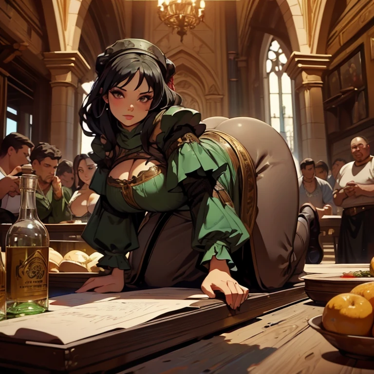 (Masterpiece), (detailed), (high res), (high quality), curvy medieval barmaid standing on the table with her back arched and drunk men watching her, green garments, black hair, (standing on table on all fours), pudgy, laying on table, (drunk men around her close), (men cant hold themselves), (giant booty seduction), (no self disciple), a lot of men