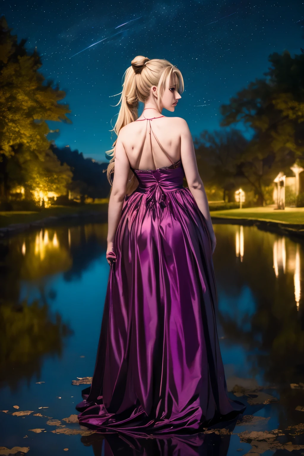 shalltear bloodfallen, shalltearcostume, ponytail, outdoors, (night, starry sky:1.2), masterpiece, arms behind back, best quality, 1girl, full body, closed mouth, lake, reflection, outdoors, official wallpaper