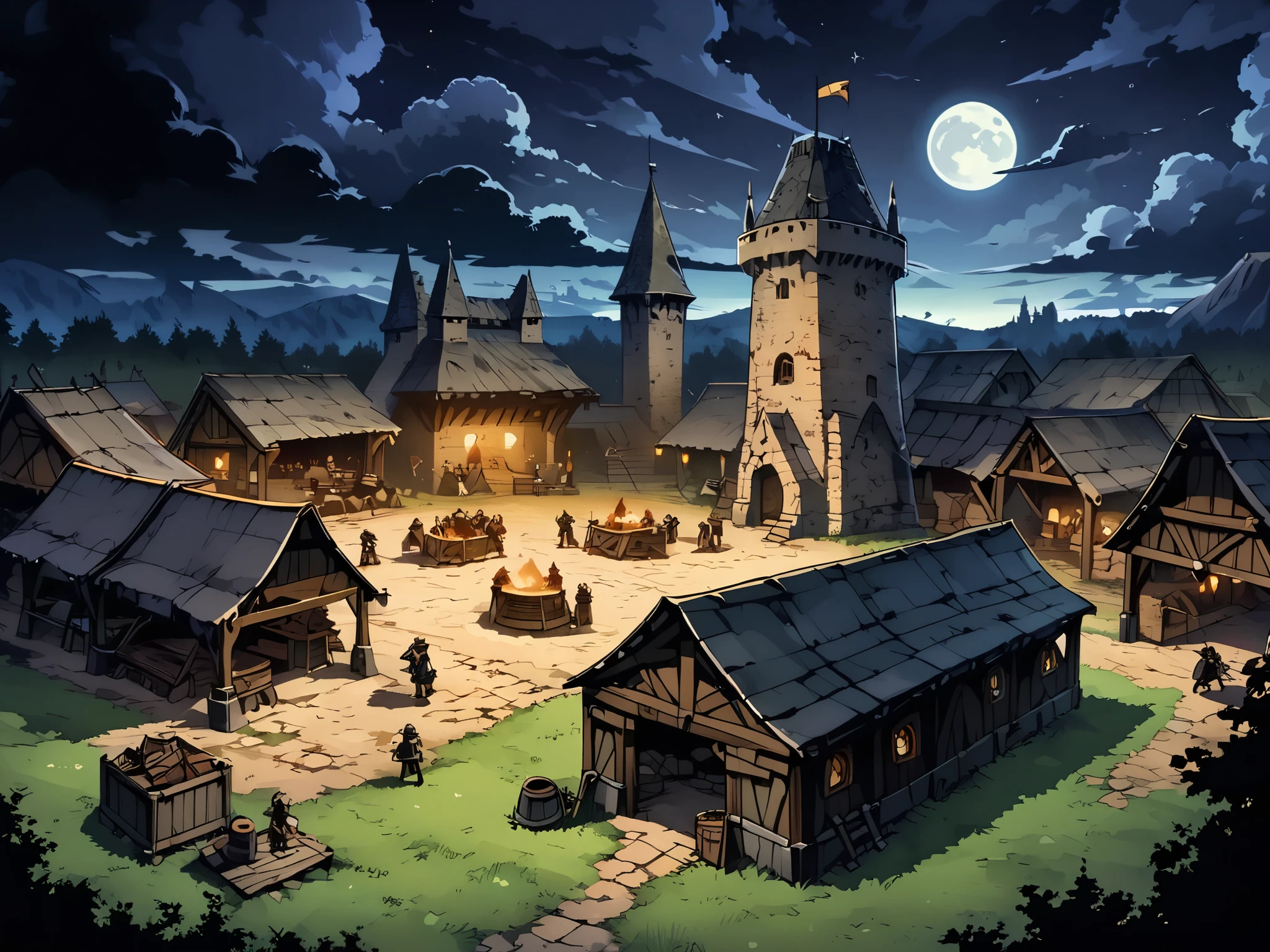A military camp(Medieval Campground in Europe),With tower,There is a watchtower,There are stables,There is a blacksmith shop,Many European medieval soldiers are arranged in a square formation during training,The setting is night,There is a moon in the sky that is half covered by dark clouds。Mid-ground composition,Scene screen,Game concept art style,Anime illustration style,HD,4K。