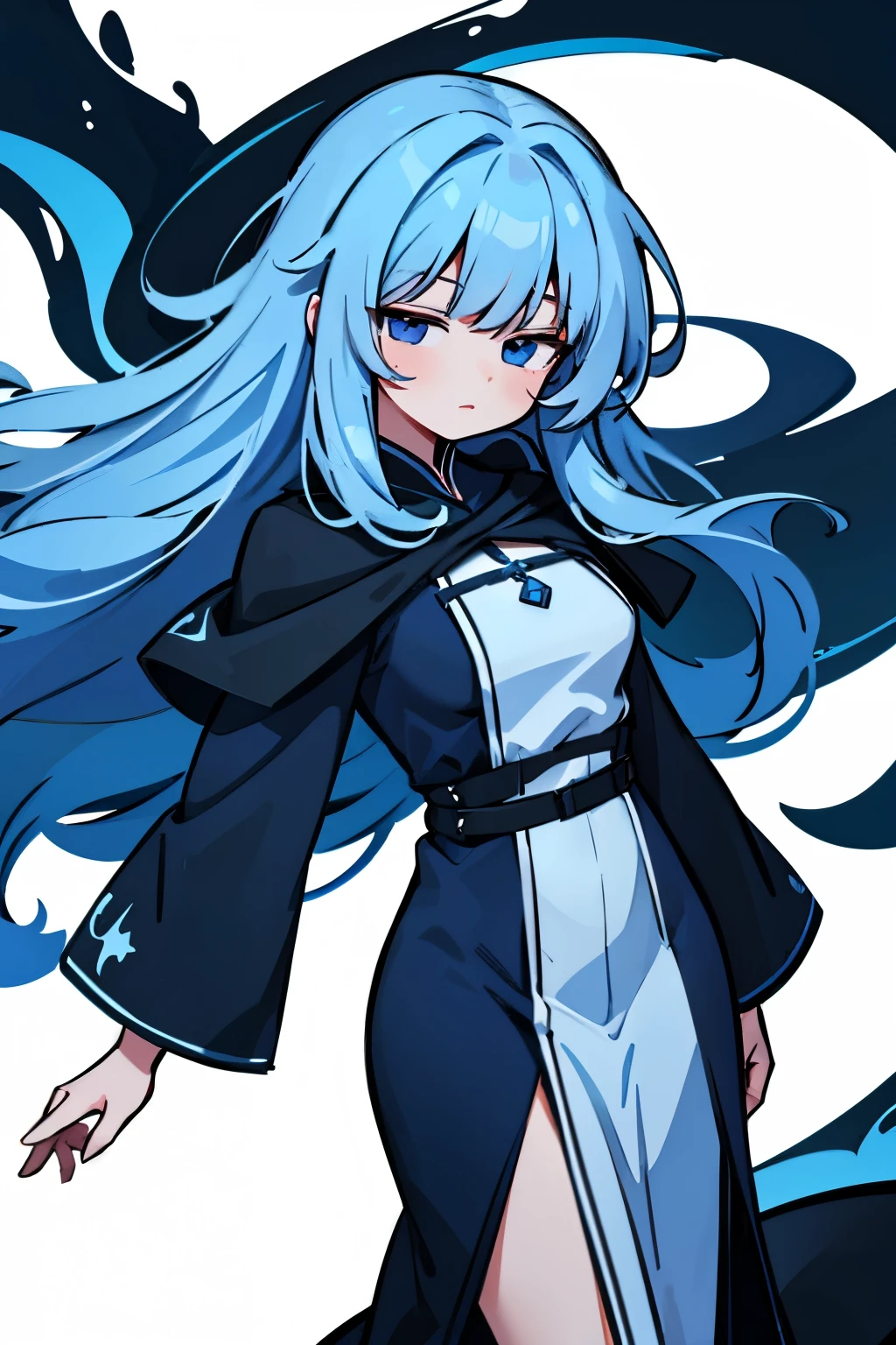 (white background) 1girl, 20 years old woman, long curly azure blue hair, black eyes, mage robe, simple clothes, anatomically correct, medium breasts, medium skintone