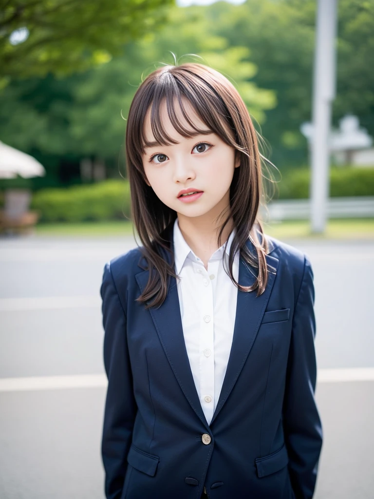 (masterpiece, highest quality:1.4), Award-winning portraits, 8k, 85mm, alone, Beautiful Face, Delicate girl, , (Dark navy blazer jacket, Put your arms behind your back, Close your face:1.2), Dark Navy Skirt, Long sleeve, Sophisticated, cute, Teen, Looking at the audience, , RAW Photos, Confused, High resolution, Sharp focus, Background blur、(((Flat 、thin and delicate body、Childish atmosphere)))、shiny semi-long hair、ponytail、Mole on the left cheek、 Dark blue eyes、Random Pause、the skirt is swaying in the wind、Hair swaying in the wind、sexy