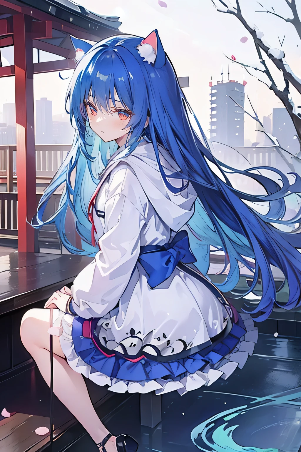 (masterpiece:1.2),Super detailed,lifelike,Expressive eyes,fair skin,perfect face shape,1 girl,
Japanese comics,Gorgeous blue hair,flowing blue hair,flowing clothes,Cat ears,Petals fall,beautiful lola,Baby Angel,
Shaking head with one hand,Cross your legs,Gentle and peaceful background,The pavilion is cool and comfortable,smile, wearing hoodie, background of tokyo,back views,snowing, winter.