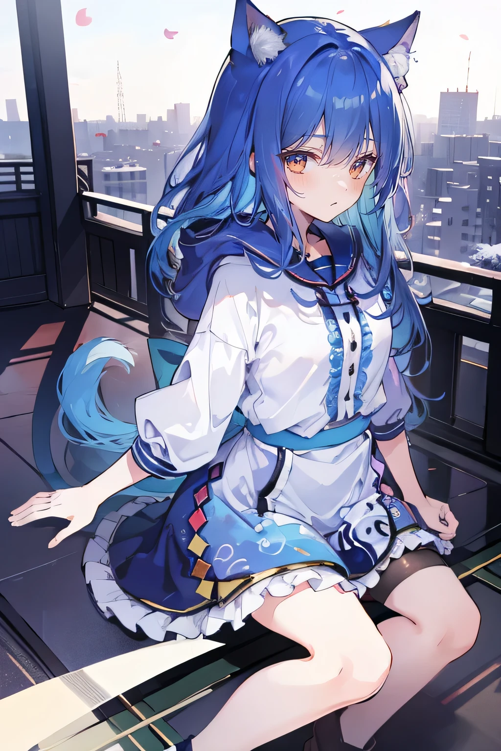 （masterpiece：1.2），Super detailed，lifelike，Expressive eyes，fair skin，perfect face shape，1 girl，
Japanese comics,Gorgeous blue hair,flowing blue hair,flowing clothes,Cat ears,Petals fall,beautiful lola,Baby Angel,
Shaking head with one hand，Cross your legs，Gentle and peaceful background，The pavilion is cool and comfortable,smile, wearing hoodie, background of tokyo,back views,snowing, winter.