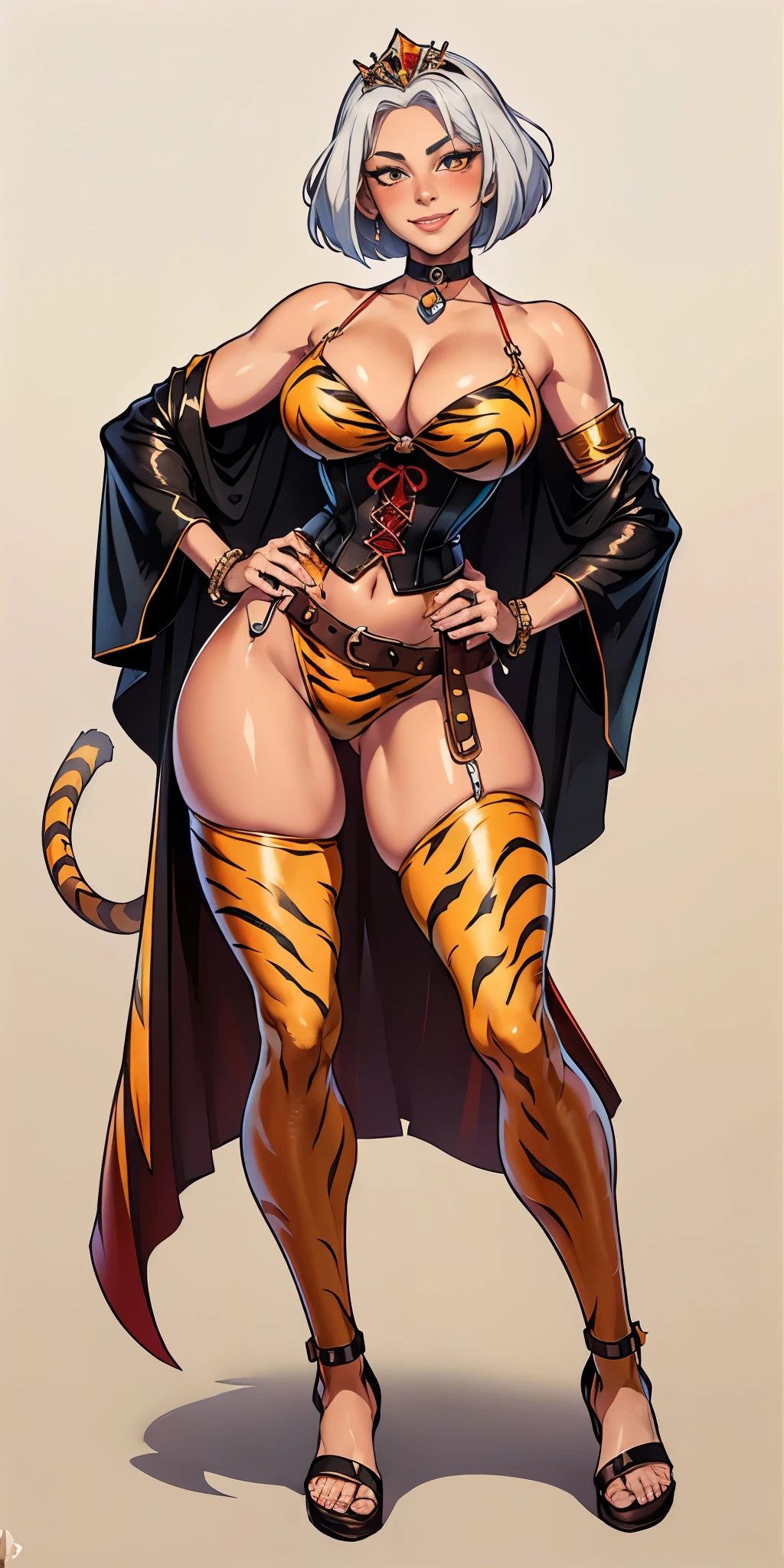((Masterpiece, plain background,1:2, masterpiece)) full body standing with two long yellow tiger print stockings, toned thighs, white silver hair, short bob hair, cleavage, separate yellow tiger print stockings thighs and sleeves, tiara royal, long cape up to two feet, yellow tiger bikini print, hands on waist, navel, lustful smirking smiling, smile face (red blushed, red cheeks) metal shoulders, armbands, black leather choker slave collar, full body standing with two long thighs and two metal sandals, red eyes, silver white hair, short bob hair, big knockers, cleavage, separate sleeves, tiara royal, long cape up to two feet, leather corset, yellow bikini, hands on hips, metal shoulders, armbands, black leather choker collar, shackles bracelets, slave red crest, pauldrons, loincloth standing, hands on hips, metal sandals, big belt, view from below, feet together, bracers, tiara, standing contrapposto straight symmetrical looking to viewer