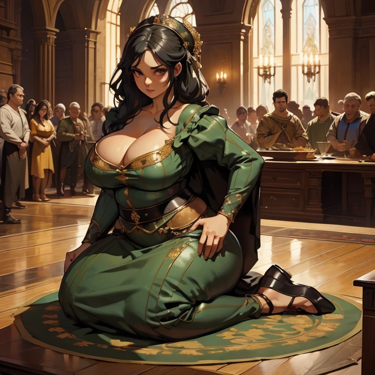 (Masterpiece), (detailed), (high res), (high quality), curvy medieval barmaid standing on the table with her back arched and drunk men watching her, green garments, black hair, (standing on table on all fours), pudgy, laying on table, (drunk men around her close), (men cant hold themselves), (giant booty seduction), (no self disciple), a lot of men