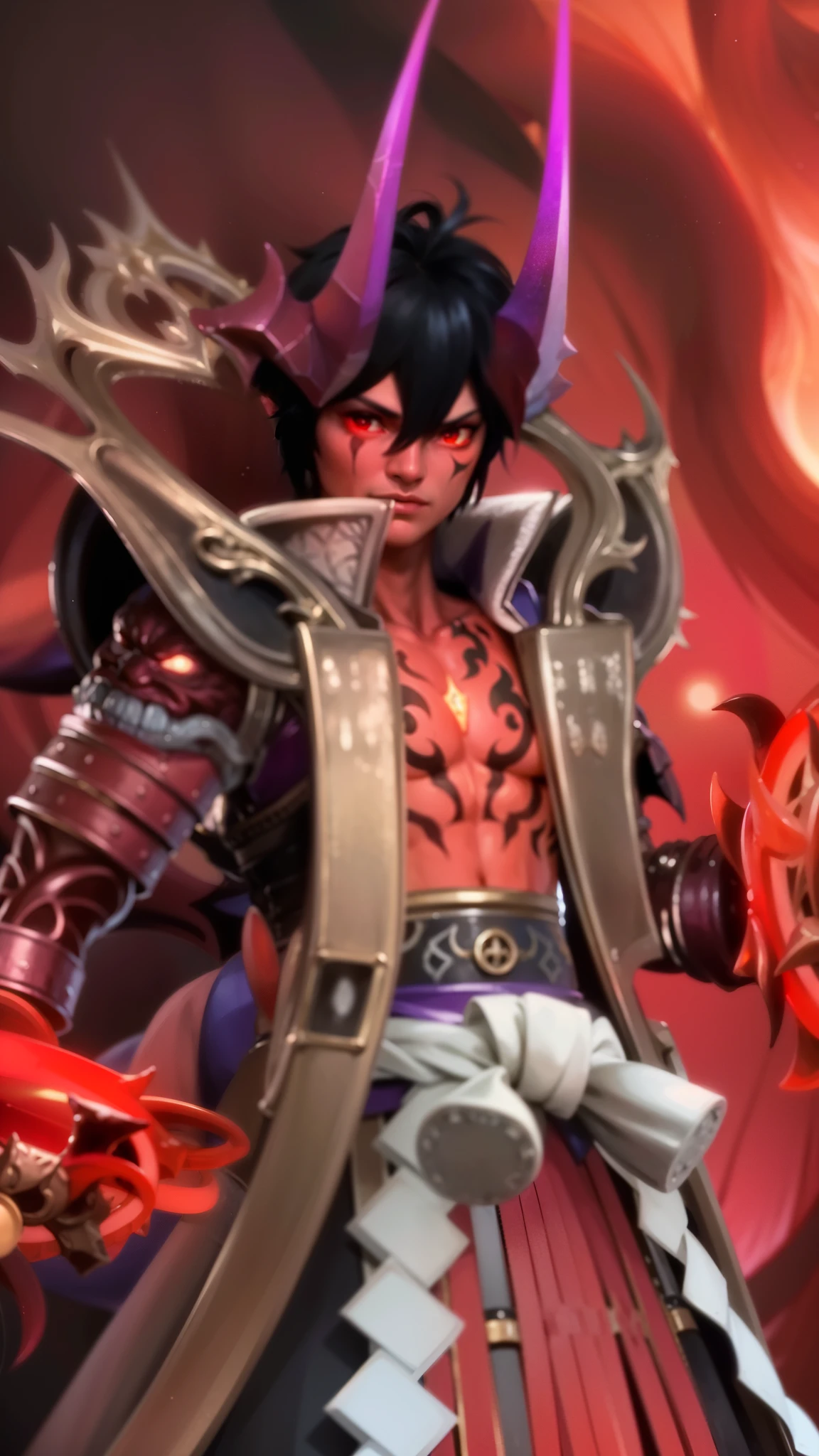 a close up of a person with a demonic face and a sword, Masterpiece, ultra HD, detailed all picture, a close up of a devil, dyrroth from mobile legend, evil, extremely detailed artgerm, mobile legends character, inspired by Dyrroth, Six pack chest and abs, yellow jewel above the chest, light red eyes, glare.