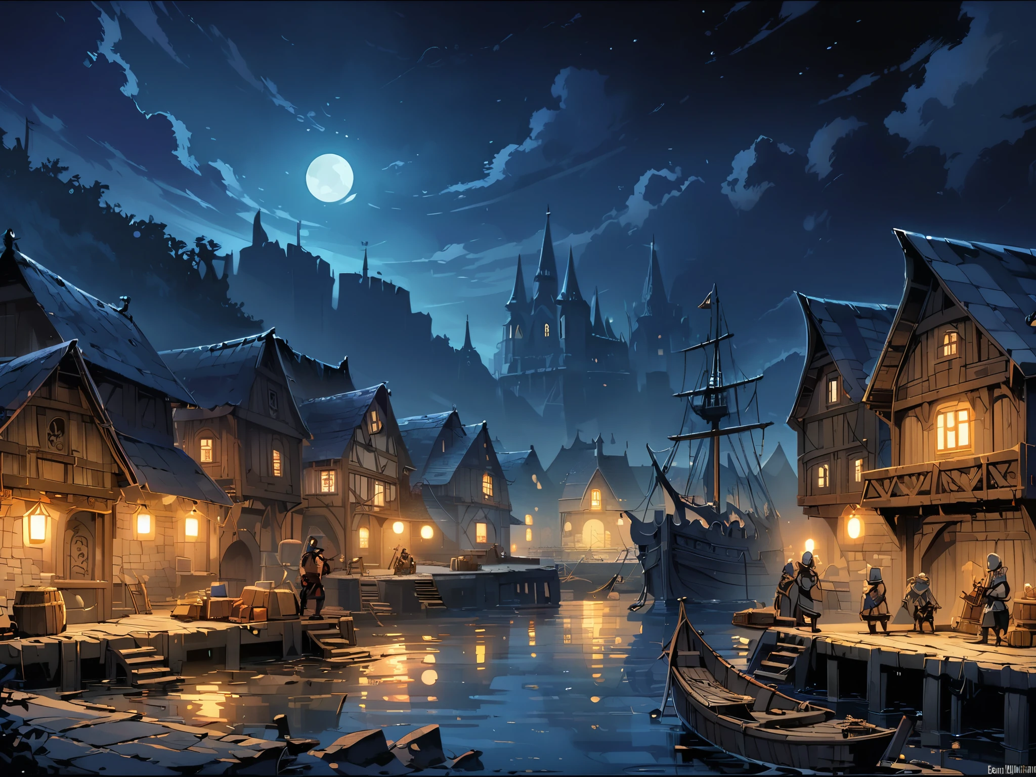 A port(Medieval Europe)，There are three small wooden boats and a large sailboat on the water.，They are moored at the pier，Workers are busy carrying goods，Night view。Mid-ground composition，Panorama pictures，Scene screen，Game concept art style，Anime illustration style，HD，4K。