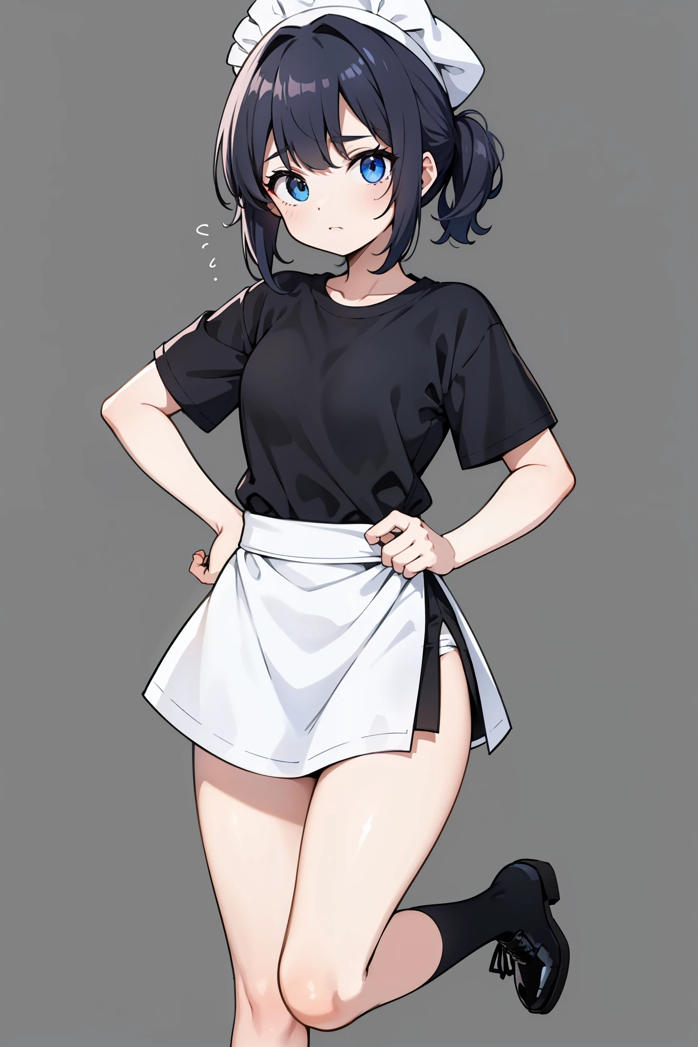 1fille, Seulement, yeux bleus, (Detailed eyes), poitrine plate, cheveux courts, Cheveux noirs, ((t-shirt blanc)), tee-shirt simple violer, jupe noire, chaussettes noires, debout, haut du corps, (fond blanc), transparent background, regarder en bas, ((chef-d'artwork, illustration, best quality))