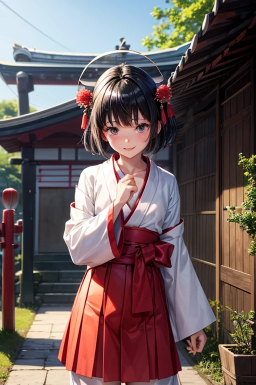 Boy with black hair shortcut remains No She is shyly wearing a short shrine maiden outfit and hiding, laughing and dancing like a princess.