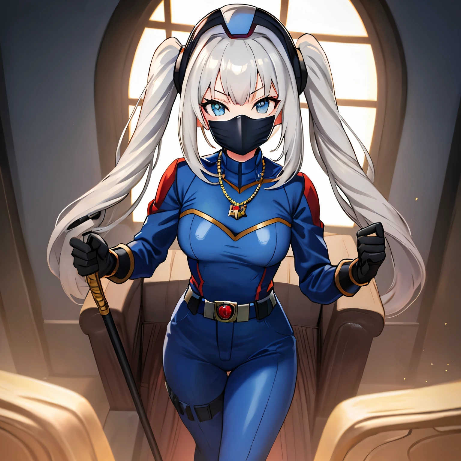 Best quality, 8k, 32k, Masterpiece, high resolution, unity 8k wallpaper, illustration, anime style, perfect lighting, extremely detailed CG, 1girl, solo, ((gijoe-cc, full face iron mask, blue helmet)), marie antoinette, long hair, white hair, twintails, frills, jewelry, necklace, gloves, belt, black gloves, holding, bodysuit, blue bodysuit, looking at viewer, indoors, standing, throne,