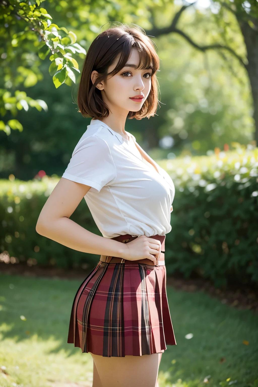 nsfw, 8K raw photo, Best quality, masterpiece, ultra high res, film grain, filmg, 1girl, looking at viewer, natural skin texture, realistic eye and face details, full lips, lipstick, (makeup), red eyeshadow, fluffy short hair, messy hair, smile, close mouth, beautiful legs, tall female, skinny, slim_legs, solo, enormous breast, cleavage, Pose with buttocks facing you, ultra short skirt, ass, topless, beautiful nature location, around flower location, (detailed background), plaid skirt, white shirt, enormous breast, cleavage, Show a little cleavage through the shirt, loafers, blurry background, blurry, holding, plaid, short sleeves, jk ribbon on the neck, jk ribbon, brown hair, bracelet, water, bangs, , jewelry, parted lips, lips, from side, pleated skirt, depth of field