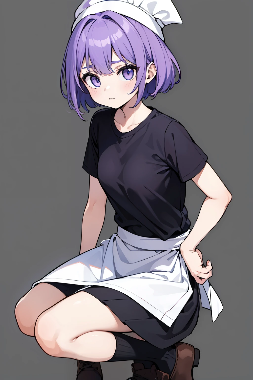 1fille, Seulement, yeux bleus, (Detailed eyes), poitrine plate, cheveux courts, Cheveux noirs, ((t-shirt violet,)), tee-shirt simple, jupe noire, chaussettes noires, debout, haut du corps, (fond blanc), transparent background, regarder en bas, ((chef-d'artwork, illustration, best quality))