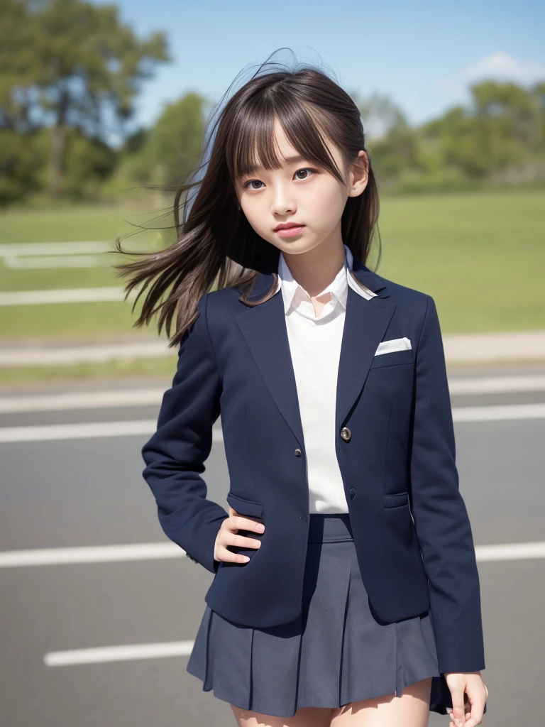 (masterpiece, highest quality:1.4), Award-winning portraits, 8k, 85mm, alone, Beautiful Face, Delicate girl, , (Dark navy blazer jacket, Put your arms behind your back, Close your face:1.2), Dark Navy Skirt, Long sleeve, Sophisticated, cute, Teen, Looking at the audience, 15 years old, RAW Photos, Confused, High resolution, Sharp focus, Background blur、(((Flat  、thin and delicate body、Childish atmosphere)))、shiny semi-long hair、ponytail、Mole on the left cheek、 Dark blue eyes、Random Pause、the skirt is swaying in the wind、Hair swaying in the wind、sexy