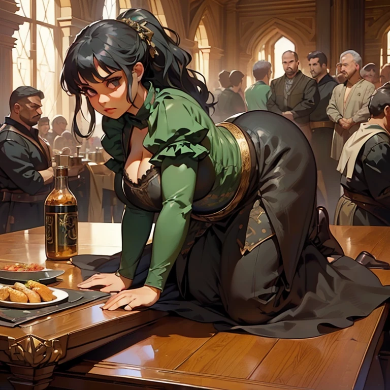 (Masterpiece), (detailed), (high res), (high quality), curvy medieval barmaid standing on the table with her back arched and drunk men watching her, green garments, black hair, (standing on table on all fours), pudgy, laying on table, (drunk men around her close), (men cant hold themselves), (giant booty seduction), (no self disciple), a lot of men, (men staring at her very close), (men very close to her), (dangerous men), (((a lot of men surrounding her very close to her body and grabbing her)))