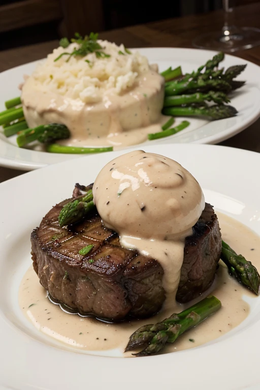 Crea un filete Mignon con estos ingredientes: 
Filet mignon steaks: 4
Mushroom sauce: 1 cup
Mashed potatoes: 4 cups
Asparagus: 1 lb