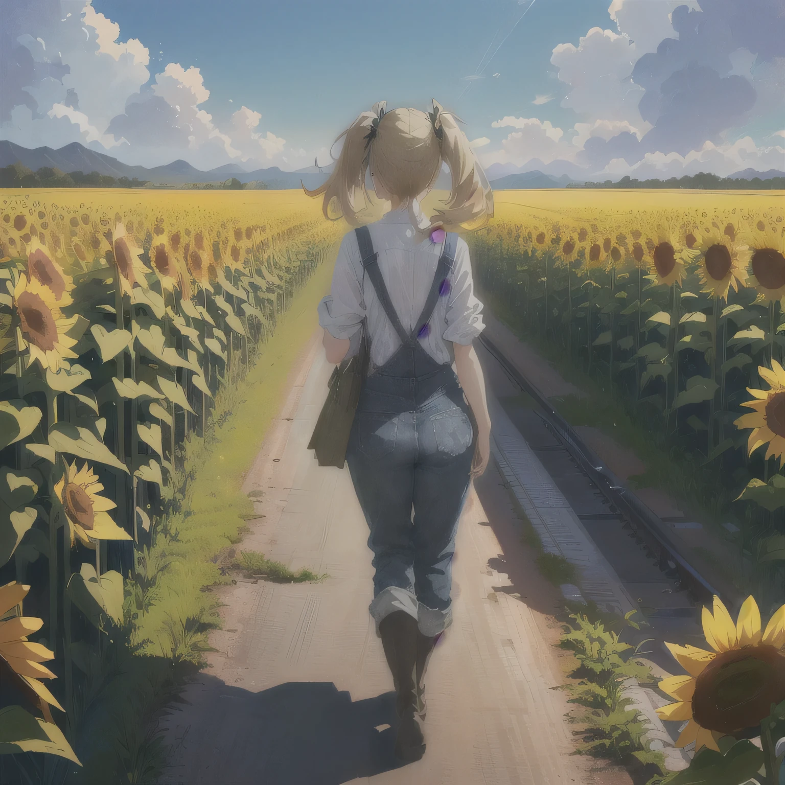In an anime-styled scene, the perspective shifts dramatically downward, focusing on the ground and leading the viewer's gaze upwards towards the horizon. From this vantage point, the lonely woman walk on the abandoned train tracks, her back turned to the viewer. The tracks stretch out into the distance, disappearing into the vastness of the sunflower field. The woman's figure is outlined against the fading sunlight, her blonde twintail hair swaying gently as she walks forward. She wears the familiar attire of a farmer: a plaid shirt, denim overalls, and sturdy boots. The scene is imbued with a sense of nostalgia as the viewer is transported to a bygone era. The sound of the wind rustling through the grass mixes with the faint echo of a distant train whistle, evoking memories of journeys past