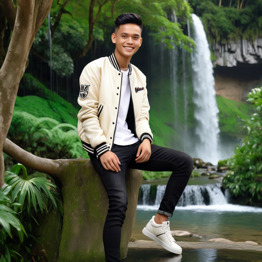 A stunning realist 7K UHD photo of an Indonesian young man, showcasing a clean face and a charming smile. He is dressed in a black and cream varsity jacket, black jeans, and white shoes, with neatly cropped hair. He leans casually against a shady tree, framing the captivating background of a serene waterfall and lush green nature. The overall atmosphere of the photo exudes a sense of ease and tranquility.